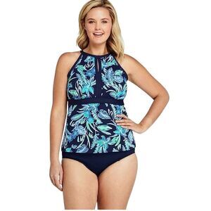 Lands End Women’s 10DD Tummy Control Keyhole High Neck Tankini Top Swimsuit Blue